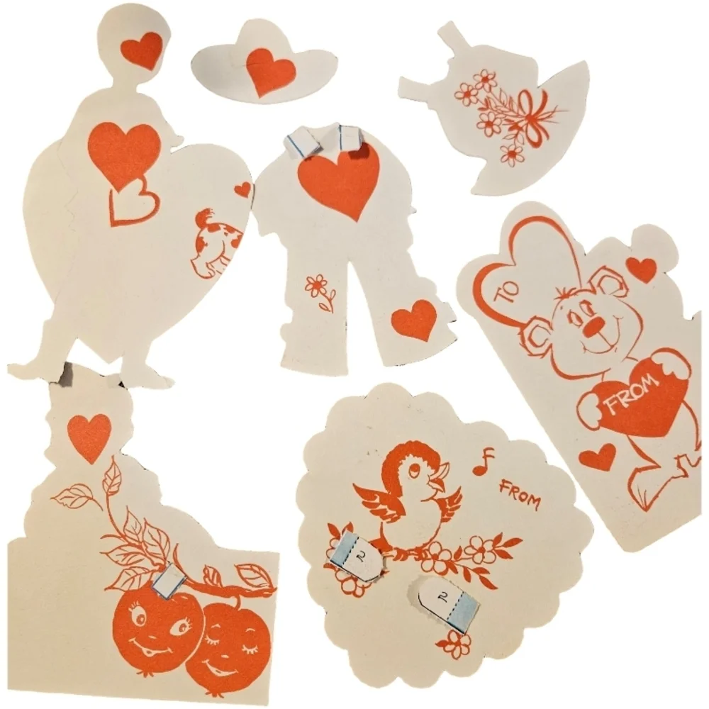 vintage Valentine's Day die-cut cards, likely from the 1930s to 1960s